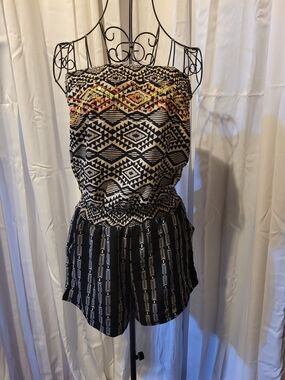 Xhilaration Black & White Strapless Tribal Romper with Neon Embroidery